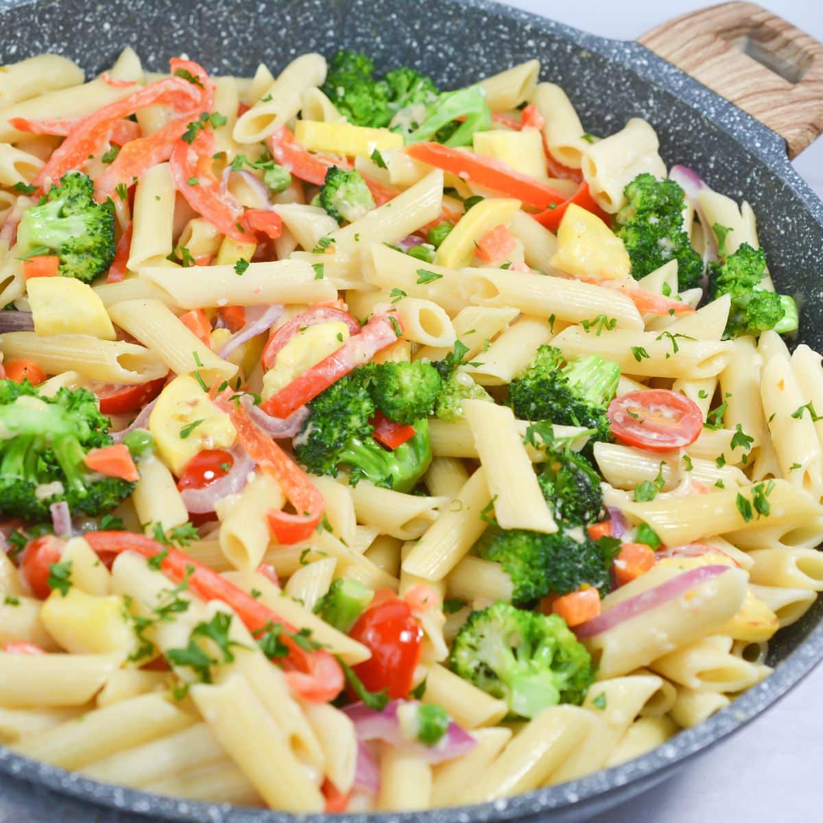 Pasta alle Verdure (pasta primavera) in a skillet